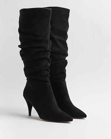 RIVER ISLAND BLACK FAUX SUEDE KNEE HIGH HEELED BOOTS / ruched / slouchy style footwear / slouch detail - flipped