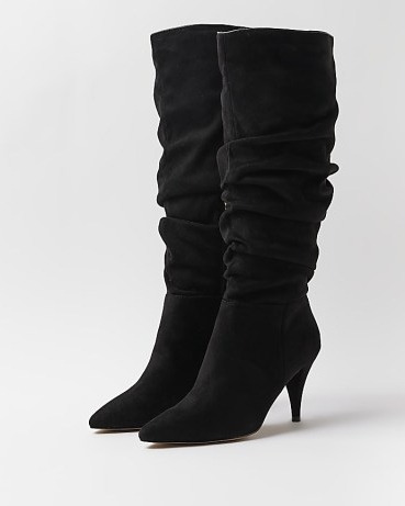 RIVER ISLAND BLACK FAUX SUEDE KNEE HIGH HEELED BOOTS / ruched / slouchy style footwear / slouch detail