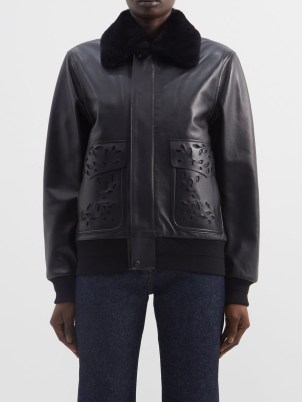 CHLOÉ Floral-cutout shearling and leather bomber jacket in black / women’s luxe designer winter jackets - flipped