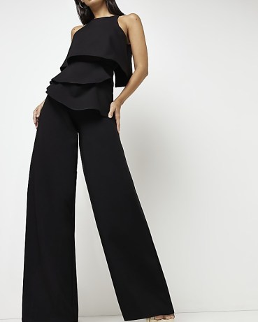 RIVER ISLAND BLACK LAYERED SLEEVELESS JUMPSUIT ~ racerback wide leg evening jumpsuits ~ glamorous all-in-one party fashion - flipped