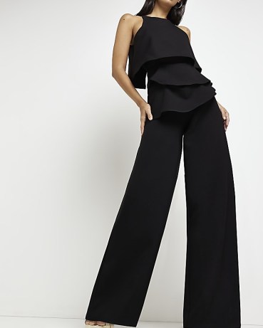RIVER ISLAND BLACK LAYERED SLEEVELESS JUMPSUIT ~ racerback wide leg evening jumpsuits ~ glamorous all-in-one party fashion
