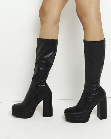 River Island BLACK PLATFORM KNEE HIGH BOOTS | women’s retro footwear | high block heel platforms | women’s 1970s vintage style fashion - flipped