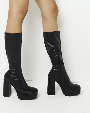 River Island BLACK PLATFORM KNEE HIGH BOOTS | women’s retro footwear | high block heel platforms | women’s 1970s vintage style fashion