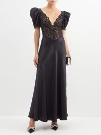 RODARTE Puff-sleeve lace-bodice silk-satin dress in black ~ romantic plunge front occasion dresses ~ MATCHESFASHION ~ romance inspired evening event fashion