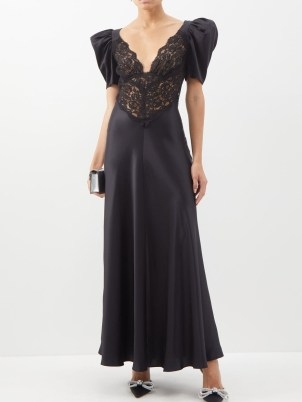 RODARTE Puff-sleeve lace-bodice silk-satin dress in black ~ romantic plunge front occasion dresses ~ MATCHESFASHION ~ romance inspired evening event fashion - flipped