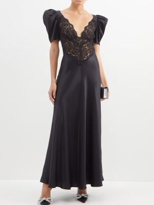 RODARTE Puff-sleeve lace-bodice silk-satin dress in black ~ romantic plunge front occasion dresses ~ MATCHESFASHION ~ romance inspired evening event fashion