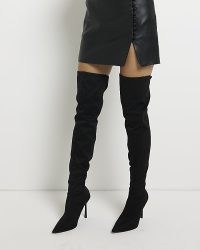 River Island BLACK SATIN HEELED OVER THE KNEE BOOTS | thigh high pointed toe boots