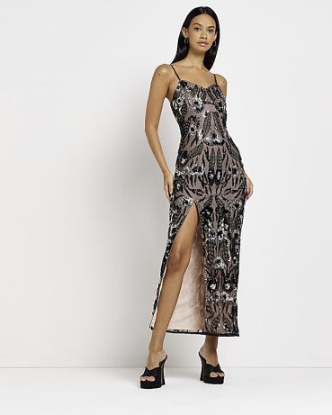 River Island BLACK SEQUIN FLORAL BODYCON MAXI DRESS | sequinned skinny shoulder strap evening dresses | slender spaghetti straps | strappy embellished party fashion | thigh high slit hem | glittering occasion clothes
