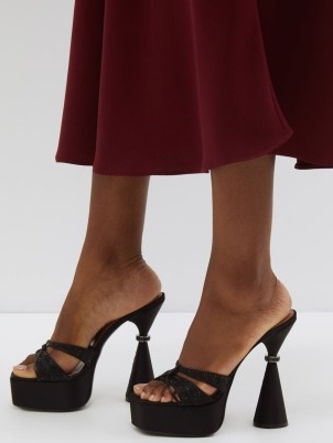 D’ACCORI Sienna 130 crystal-embellished satin mules in black | retro platform mule sandals | 1970s vintage inspired evening platforms | MATCHESFASHION | high cone shaped heels