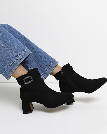 RIVER ISLAND BLACK WIDE FIT BUCKLE HEELED ANKLE BOOTS ~ buckled block heel booties - flipped