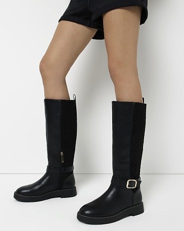 River Island BLACK WIDE FIT QUILTED KNEE HIGH BOOTS | women’s faux leather buckled boots | casual on-trend winter footwear