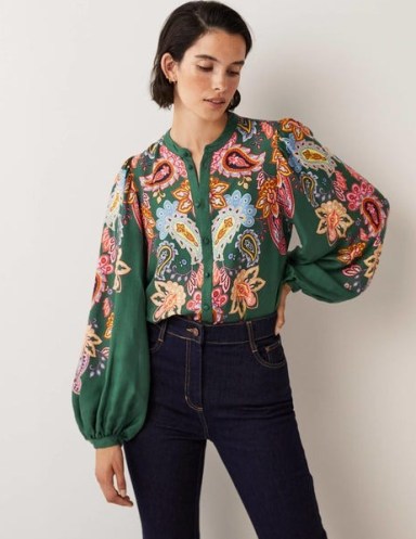 Boden Blouson Sleeve Blouse Trekking Green, Paisley Charm / floral balloon sleeved blouses - flipped
