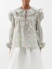 HORROR VACUI Defensia floral-print cotton-poplin blouse / romantic ruffle trim blouses