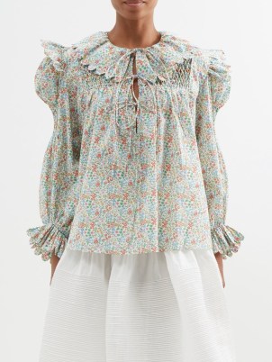 HORROR VACUI Defensia floral-print cotton-poplin blouse / romantic ruffle trim blouses - flipped