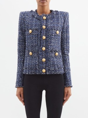 BALMAIN Fringed buttoned denim-tweed jacket in blue – women’s designer gold button and fringed edged detail jackets – MATCHESFASHION – womens textured outerwear - flipped