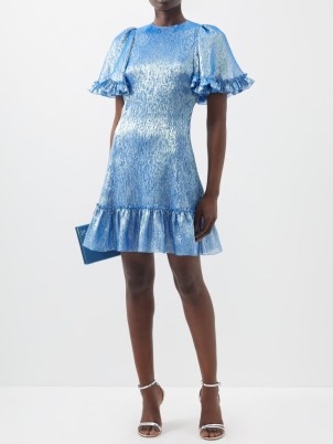 THE VAMPIRE’S WIFE Midnight Tremors silk-blend lamé mini dress in blue / shimmering wide sleeve ruffle trim occasion dresses / feminine flared bell sleeves / matchesfashion / tiered hem / luxe metallic evening fashion - flipped