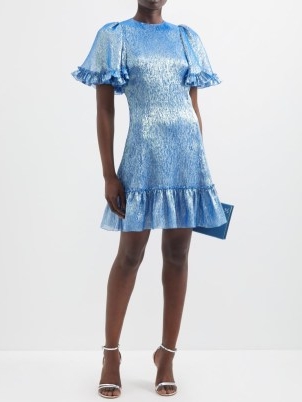THE VAMPIRE’S WIFE Midnight Tremors silk-blend lamé mini dress in blue / shimmering wide sleeve ruffle trim occasion dresses / feminine flared bell sleeves / matchesfashion / tiered hem / luxe metallic evening fashion