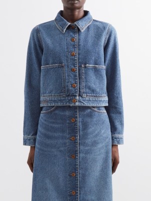 CHLOÉ Patch-pocket denim jacket in blue ~ women’s boxy collared utility inspired jackets ~ matchesfashion - flipped