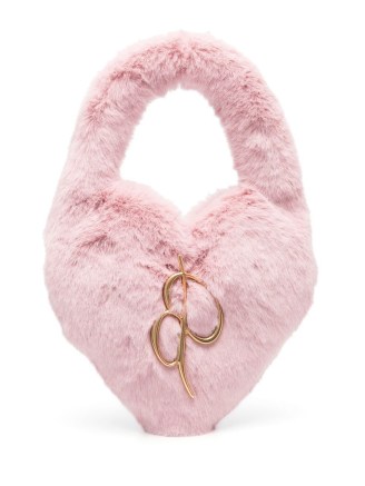 Blumarine heart-shape shoulder bag in chalk pink ~ cute faux fur handbags ~ fluffy top handle bags ~ farfetch - flipped