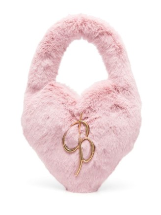 Blumarine heart-shape shoulder bag in chalk pink ~ cute faux fur handbags ~ fluffy top handle bags ~ farfetch