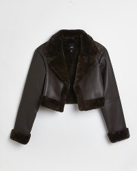 BROWN CROP FAUX SHEARLING JACKET – women’s cropped fur lined winter jackets