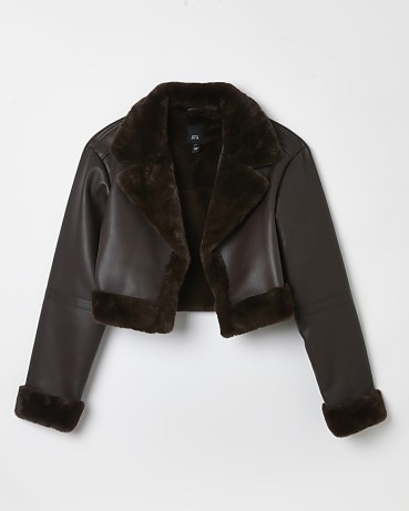 BROWN CROP FAUX SHEARLING JACKET – women’s cropped fur lined winter jackets - flipped