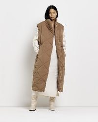 RIVER ISLAND BROWN QUILTED PADDED LONGLINE GILET ~ women’s long length gilets ~ women’s casual sleeveless winter jackets