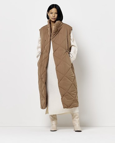 RIVER ISLAND BROWN QUILTED PADDED LONGLINE GILET ~ women’s long length gilets ~ women’s casual sleeveless winter jackets - flipped