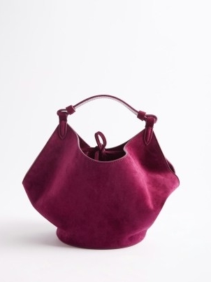KHAITE Lotus mini suede tote bag in burgundy / small sculptural bags / jewel tone top handle handbags / matchesfashion - flipped