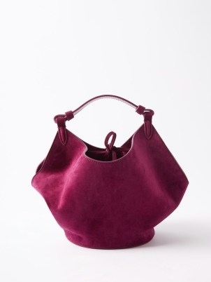 KHAITE Lotus mini suede tote bag in burgundy / small sculptural bags / jewel tone top handle handbags / matchesfashion