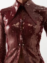 16ARLINGTON Opala sequinned jersey shirt in burgundy – women’s glittering dark red sequin covered occasion shirts – exaggerated 70s style pointed – evening glamourcollar