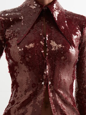16ARLINGTON Opala sequinned jersey shirt in burgundy – women’s glittering dark red sequin covered occasion shirts – exaggerated 70s style pointed – evening glamourcollar - flipped