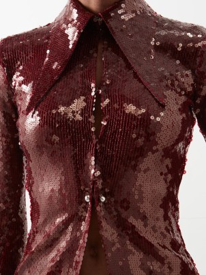 16ARLINGTON Opala sequinned jersey shirt in burgundy – women’s glittering dark red sequin covered occasion shirts – exaggerated 70s style pointed – evening glamourcollar