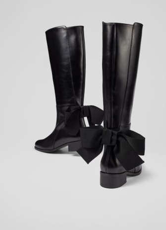 L.K. BENNETT Callie Black Leather Bow Detail Knee-High Boots – women’s boots embellished with bows - flipped