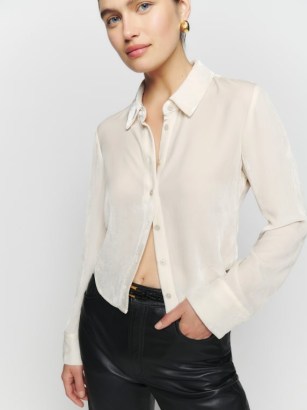 Reformation Cam Velvet Top in Fior Di Latte ~ women’s luxe collared button down tops
