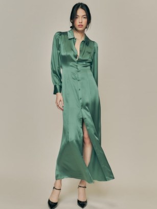 Reformation Catalina Silk Dress in Bottle Green ~ silky vintage inspired shirt dresses - flipped