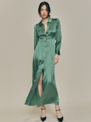 Reformation Catalina Silk Dress in Bottle Green ~ silky vintage inspired shirt dresses