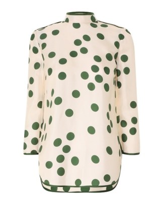 Naomi Watts white high neck top with green spot, ZIMMERMANN CELESTIAL TUNIC BLOUSE in Cream / Emerald Confetti, on Instagram, 14 September 2022 | celebrity fashion | social media star style fashion - flipped