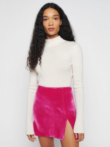 Reformation Cleo Velvet Skirt in Flambe – luxe pink slit hem mini skirts