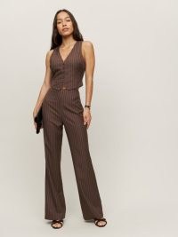 Reformation Cohen Two Piece Brown Stripe ~ women’s fitted pinstripe waistcoat and trouser co-ord ~ womens sleeveless vest top and trousers fashion set ~ on-trend clothing co-ords