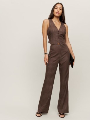 Reformation Cohen Two Piece Brown Stripe ~ women’s fitted pinstripe waistcoat and trouser co-ord ~ womens sleeveless vest top and trousers fashion set ~ on-trend clothing co-ords - flipped