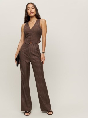 Reformation Cohen Two Piece Brown Stripe ~ women’s fitted pinstripe waistcoat and trouser co-ord ~ womens sleeveless vest top and trousers fashion set ~ on-trend clothing co-ords