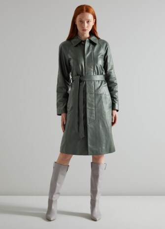 L.K. BENNETT Cora Green Leather Trench Coat ~ women’s luxe vintage style coats ~ womens chic retro outerwear - flipped