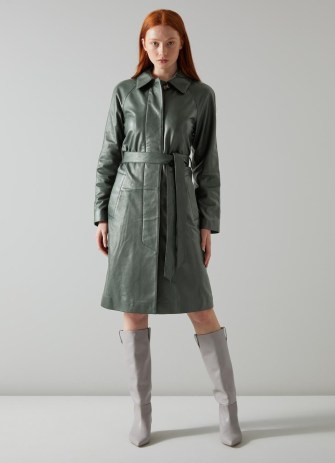 L.K. BENNETT Cora Green Leather Trench Coat ~ women’s luxe vintage style coats ~ womens chic retro outerwear