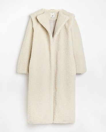 RIVER ISLAND CREAM BORG LONGLINE COAT / women’s textured faux shearling winter coats - flipped
