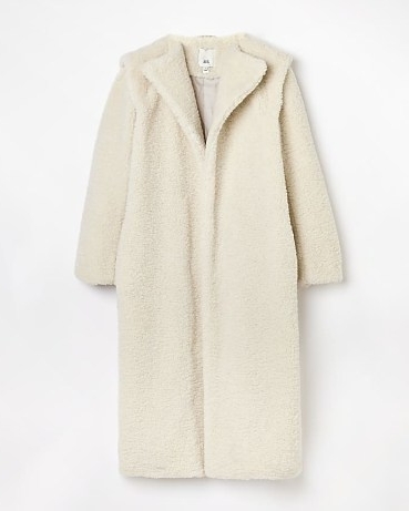 RIVER ISLAND CREAM BORG LONGLINE COAT / women’s textured faux shearling winter coats