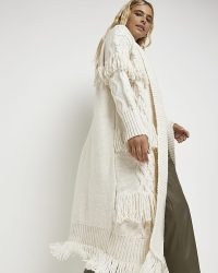 River Island CREAM CABLE LONGLINE CARDIGAN | women’s long length fringed cardigans | boho style knitwear
