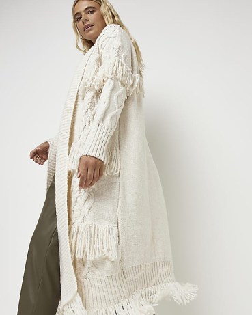 River Island CREAM CABLE LONGLINE CARDIGAN | women’s long length fringed cardigans | boho style knitwear - flipped