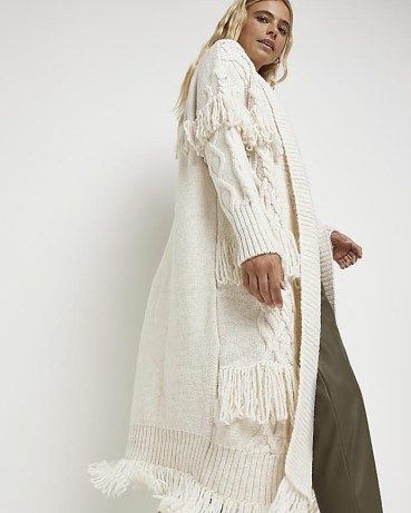 River Island CREAM CABLE LONGLINE CARDIGAN | women’s long length fringed cardigans | boho style knitwear