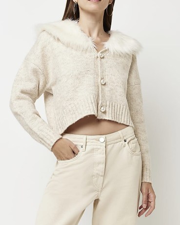 River Island CREAM FAUX FUR COLLAR CROP CARDIGAN | women’s cropped fluffy collared cardigans | knitted fashion - flipped